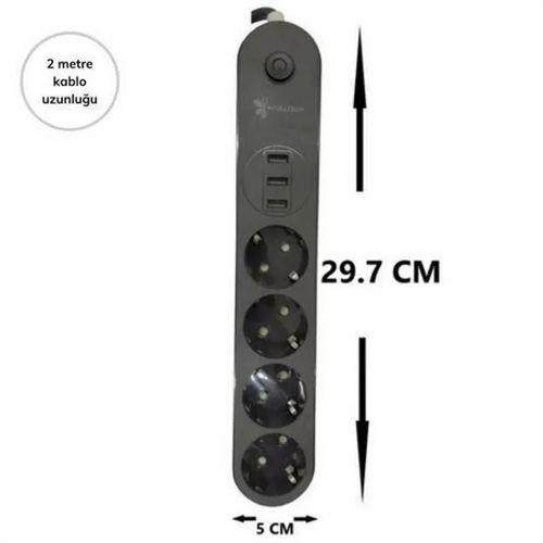 4lü Siyah Anahtarlı 3 Usb Li Akım Korumalı Topraklı Çocuk Korumalı Grup Priz 2 Metre