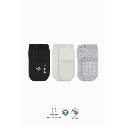 Bistyle Basic Kaymaz Penye Soket Çorap 3'Lü BS10106 Siyah Ekru Gri