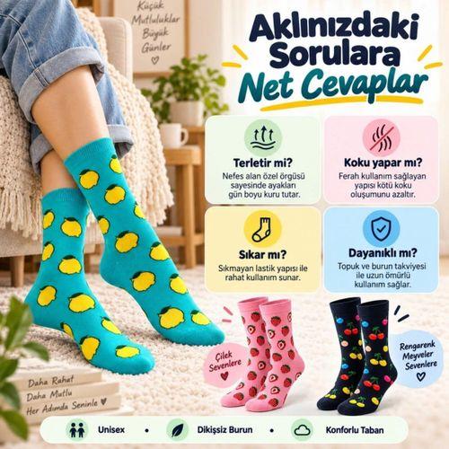 Kadın Ve Erkek Çorap Meyve Desenli Renkli 3'lü Set Uzun Soket Günlük Rahat Çorap Seti