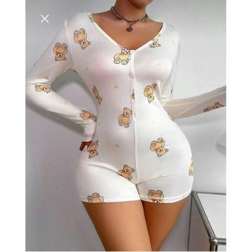 Pamuklu Beyaz Ayıcık Desenli Düğmeli Uzun Kol Tulum Pijama