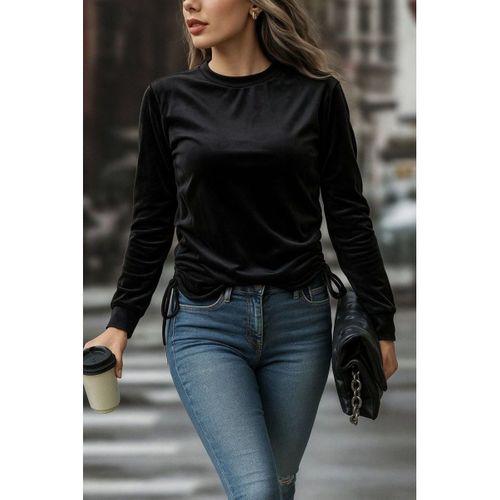 Kadın Uzun Kollu Bisiklet Yaka Yanları Ve Kolları Büzgülü Kadife Bluz