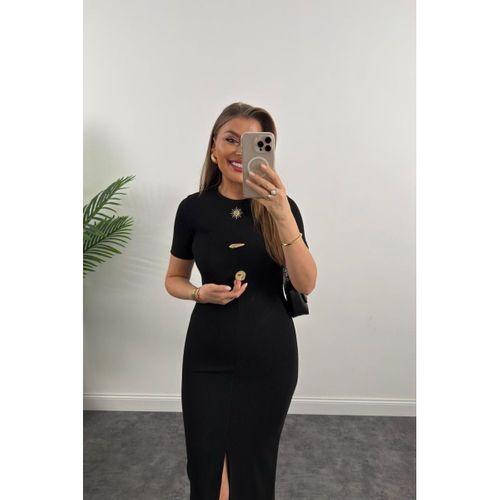 Kadın Ottoman Kumaş Likralı Düğme Tasarımlı Kısa Kol Kalem Elbise