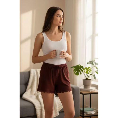 Bambu Fitilli Kadın Ev Şortu Bacak Dantel Detaylı Ev Giyim Koyu Taba