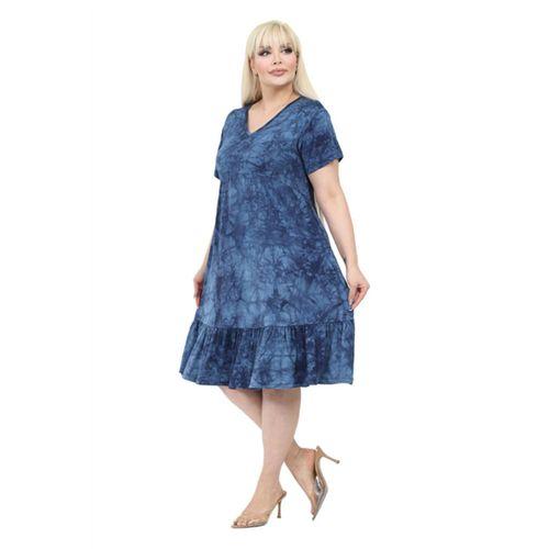 Melsay Butik Göğüsten Robalı V Yaka Kısa Kollu Lacivert Batik Yıkama Cepli Elbise
