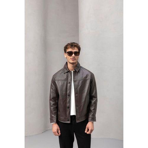 Denzel Düğmeli Yan Cepli Deri Görünümlü Erkek Ceket - Kahve