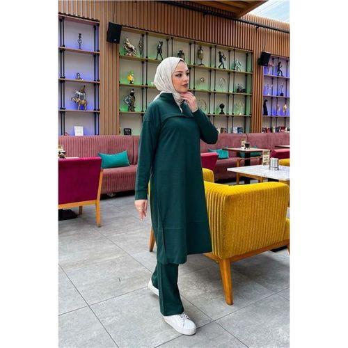 Dik Yaka Kısa Fermuarlı Yırtmaçlı Sade Basic Uzun Tunik ve Pantolon İkili Spor Takım - 03062.021 - Nefti