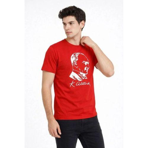 Erkek Atatürk Baskılı Tişört Kısa Kollu Bisiklet Yaka T-Shirt - Kırmızı