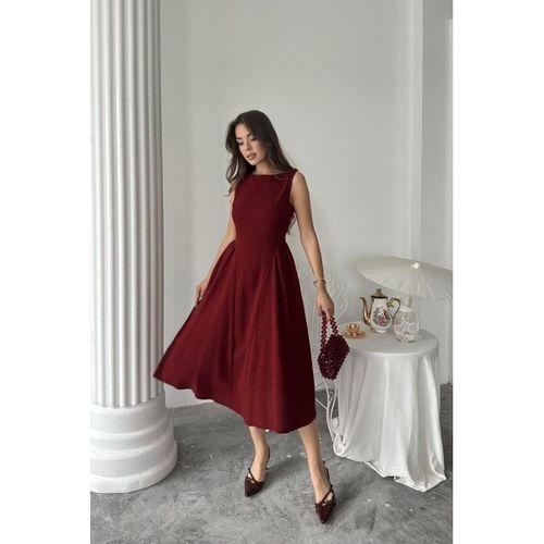 Bordo Yanları Büzgülü Midi Boy Keten Elbise