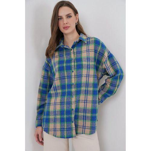 Ekose Desen Oversize Oduncu Gömlek 3854 Mavi Gri