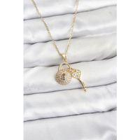 316L Çelik Zincir Gold Renk Kilit Anahtar Model Zirkon Taşlı Kadın Kolye