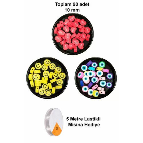 90 Adet 10 mm Polimer Kil Fimo Boncuk Takı Bileklik + 5 Metre Misina Hediye - Smile - Nazar - Love