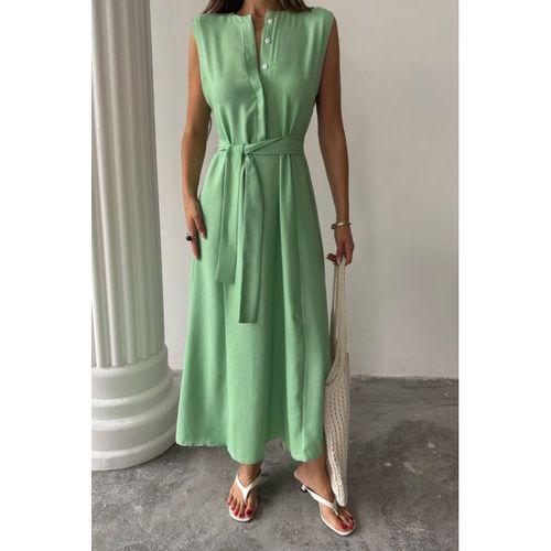 KETEN ELBİSE KOLSUZ BEL BAĞLAMALI MAXİ ELBİSE - Yeşil