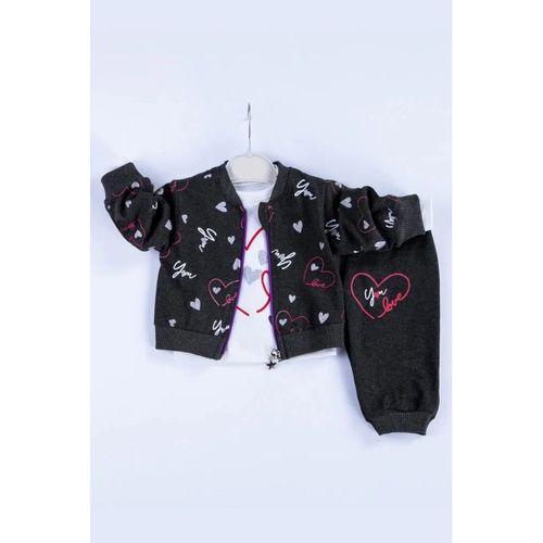 Kalp Desenli Hırkalı Pamuklu 3'lü Kız Bebek Takımı