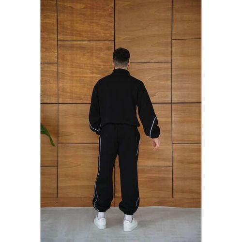 Erkek Premium Parçalı Eşofman Takım - Dik Yaka Fermuarlı Biyeli Sweatshirt Lastik Paça Alt, Oversize 3 Iplik Şardonlu - Siyah