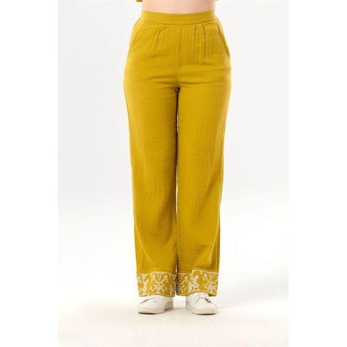 Nirvana Beli Lastikli Müslin Yandan Çift Cepli Nakışlı Pantolon Yağ Yeşili Ygysl