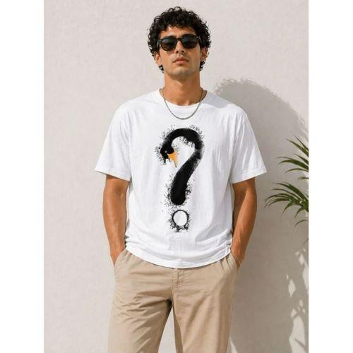 Erkek Kuğu Figürlü Soru İşareti Baskılı Tişört Kısa Kol T-Shirt - Beyaz