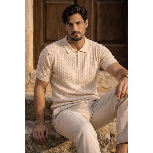 Burke Saç Örgü Yarım Fermuarlı Kısa Kollu İnce Triko Erkek T-Shirt - Bej