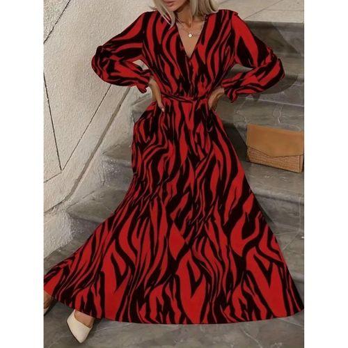 Kadın Uzun Kollu Kruvaze Yakalı Kuşaklı Zebra Desenli Süprem Maxi Elbise