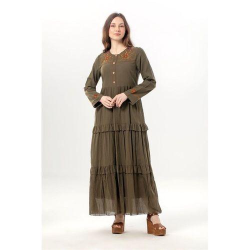 Uzun Kol Zeynep Bisiklet Yaka Nakışlı Uzun Vual Elbise Haki Hk