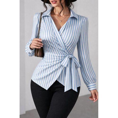 Kadın çizgili Kruvaze Bağlamalı Gömlek