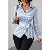 Kadın çizgili Kruvaze Bağlamalı Gömlek