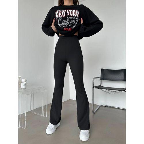 Şık Ve Rahat Yüksek Bel İspanyol Paça Fitilli Toparlayıcı Siyah Tayt