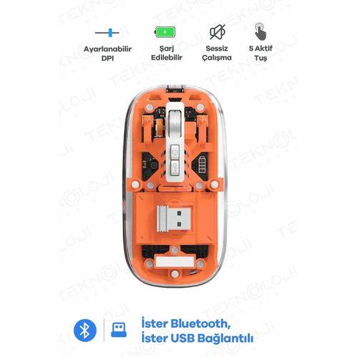 Bluetooth Usb Çift Modlu Sessiz Mouse, Şeffaf Mıknatıslı Kapaklı, Type-c Şarjlı, Dpı Ayarlı, Kablosuz 10m Çekim Mesafeli, Masaüstü Kısayol Tuşlu, Taşınabilir Şarjlı Mouse Turuncu