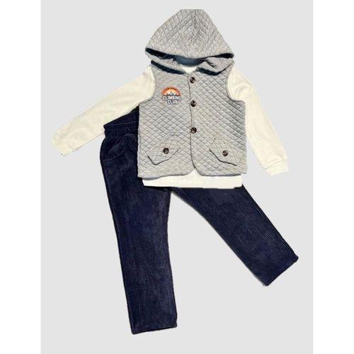 3-4-5 Yaş Fitilli Kadife Pantolon Kapitone Kapşonlu Yelek Uzun Kollu Sweat 3lü Erkek Çocuk Takımı Gri