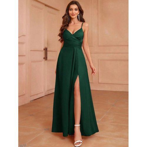 Kadın Ip Askılı Kruvaze Yakalı Yırtmaçlı Uzun Ithal Krep Elbise