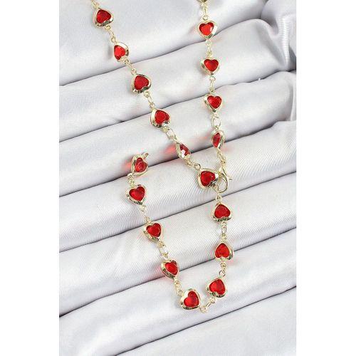 Pirinç Gold Renk Kırmızı Zirkon Taşlı Kalpli Y Kadın Kolye