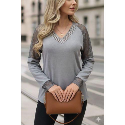 Kadın Uzun Kollu V Yakalı Dantelli Waffle Bluz