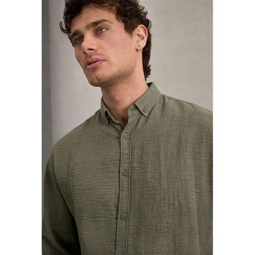 Pera Kumaş Keten Görünümlü Yarım Oversize Uzun kollu Erkek Gömlek - Çam Yeşili