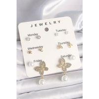 Pirinç Gold Renk Sallantı Zirkon Taşlı Kelebek Figür İnci Detay 7'Li Kadın Küpe Seti