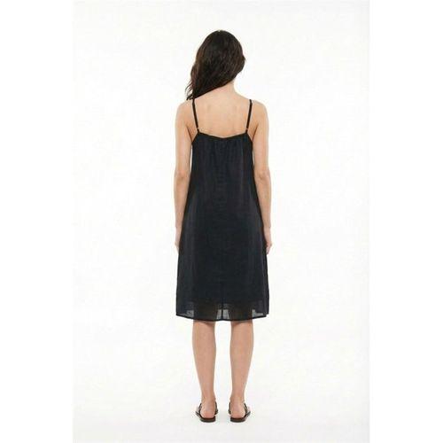 Askılı Yazgı Şile Bezi Yazlık Kısa Nakışlı Elbise Siyah Syh