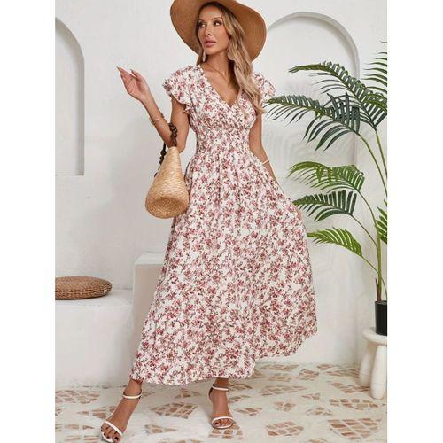 Kadın Kısa Kollu Kruvaze Yaka Beli Lastikli çiçek Desenli Elbise