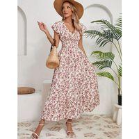 Kadın Kısa Kollu Kruvaze Yaka Beli Lastikli çiçek Desenli Elbise