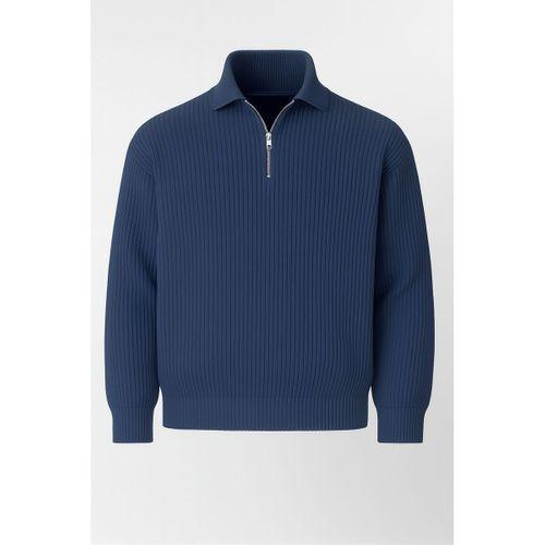 Gibson Oversize Yarım Fermuar Gömlek Polo Yaka Selanik Örme Erkek Triko Kazak - İndigo