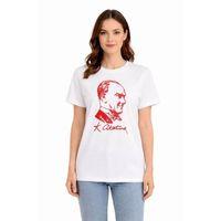 Atatürk Baskılı Tişört Kısa Kollu Bisiklet Yaka T-Shirt - Beyaz