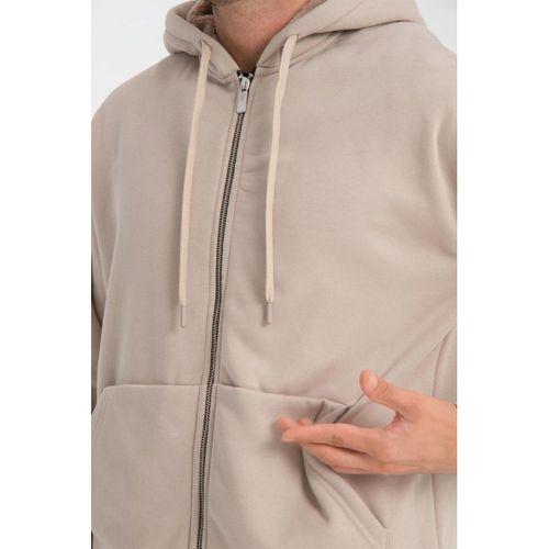 İçi Peluş Üç İplik Kumaş Oversize Fermuarlı Kapüşonlu Sweatshirt - Kum Beji