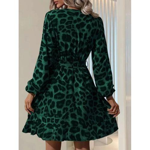 Kadın Uzun Kollu Kruvaze Yaka Beden Kuşaklı çapraz Kesim Detaylı Leopar Modal Mini Elbise