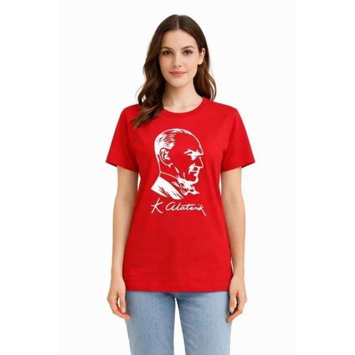 Atatürk Baskılı Tişört Kısa Kollu Bisiklet Yaka  T-Shirt - Kırmızı