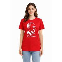 Atatürk Baskılı Tişört Kısa Kollu Bisiklet Yaka  T-Shirt - Kırmızı
