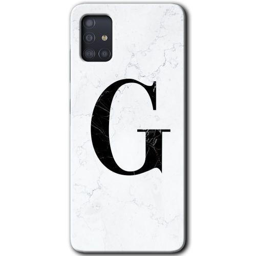 Samsung Galaxy A51 Kılıf Baskılı Kapak - Beyaz Mermer Desenli G Harfi + 5D Tam Kaplayan Cam