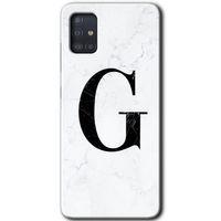Samsung Galaxy A51 Kılıf Baskılı Kapak - Beyaz Mermer Desenli G Harfi + 5D Tam Kaplayan Cam