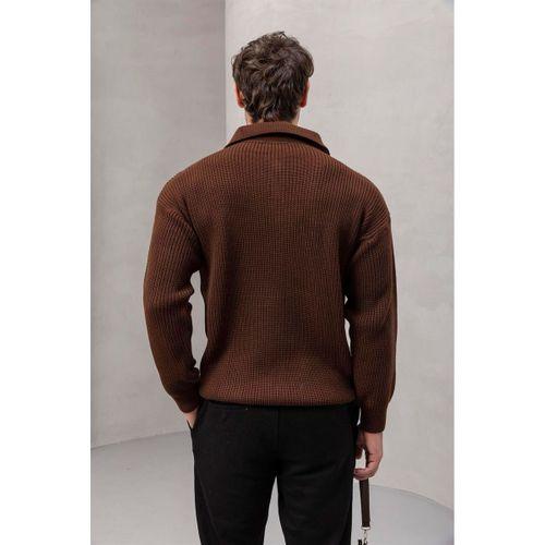 Gibson Oversize Yarım Fermuar Gömlek Polo Yaka Selanik Örme Erkek Triko Kazak - Kahve