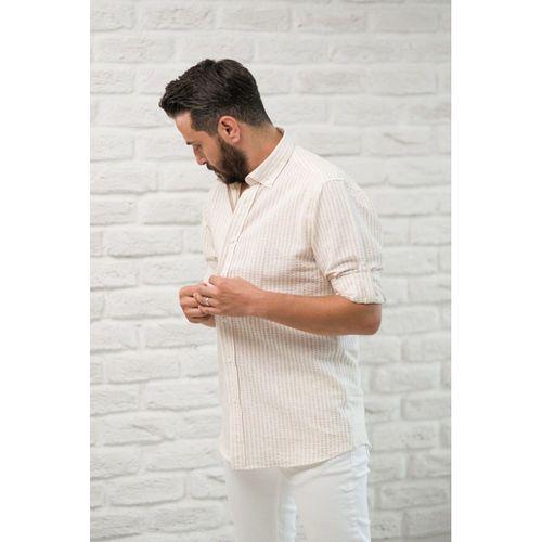 Slimfit Fit Yaka Düğmeli Çizgili Yazlık Gofre Kumaş Erkek Gömlek