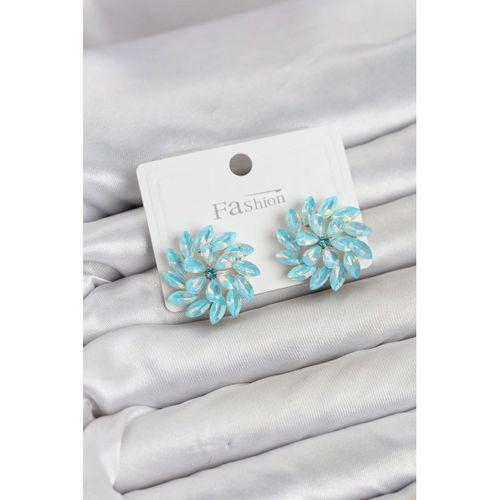 Buz Mavisi Renk Kristal Taşlı Çiçek Model Kadın Küpe