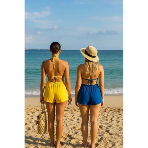 Kadın Sarı Ve Mavi Şortlu Belden Ve Boyundan Bağlamalı Bikini Takımı