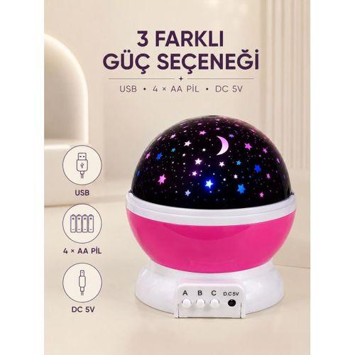 Pembe Yıldızlı Gece Lambası Döner Gökyüzü Projeksiyon Işığı