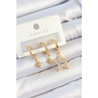 Pirinç Zirkon Taşlı Yıldız Model Gold Renk 3'lü Çift Kadın Küpe Set